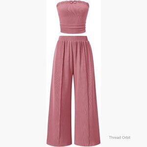 Summer Two Piece Set Crop Tube Top Wide Leg Pants Lounge Outfit